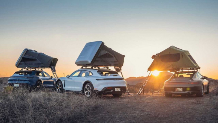 porsche flaunts taycan cross turismo roof tent through glamping