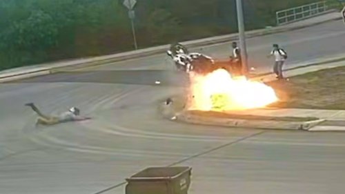 Bike Crashes Into Curb And Bursts Into Flames, Nearly Taking Four Kids With It