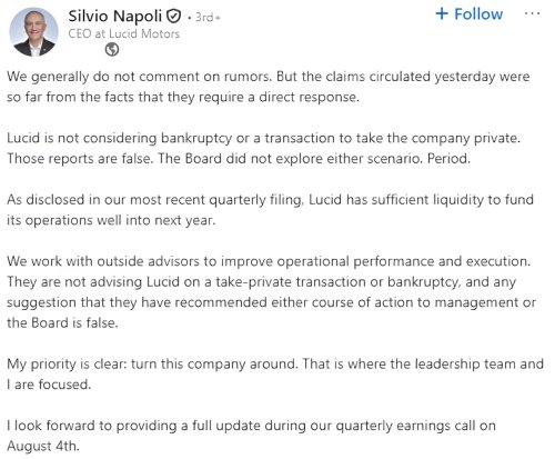 Lucid, A Bankruptcy Rumor Halved Lucid’s Stock. CEO’s Denial Sent It Up 29%