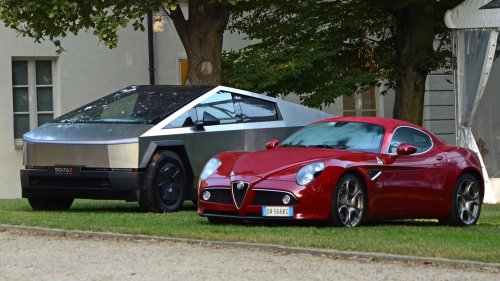 The Beauty And The Stainless Beast: Alfa Romeo 8C Hangs Out With Tesla Cybertruck