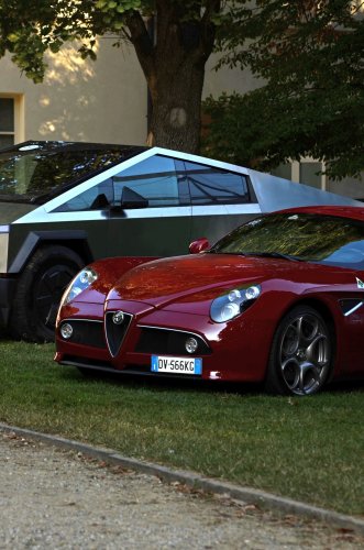 Alfa Romeo, Tesla, Cybertruck, The Beauty And The Stainless Beast: Alfa Romeo 8C Hangs Out With Tesla Cybertruck