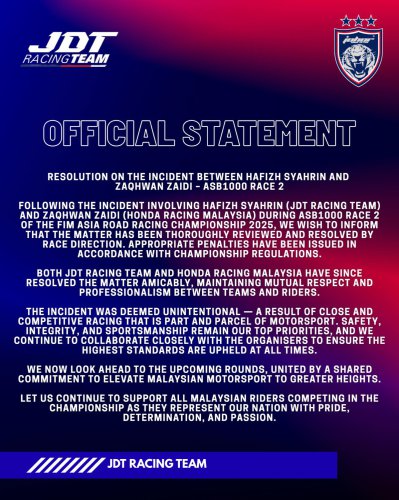 Hafizh, Zahqwan Incident – JDT Racing Team and Honda Racing Close Ranks