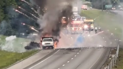 Drivers Treated To Fireworks Show As Trailer Burns