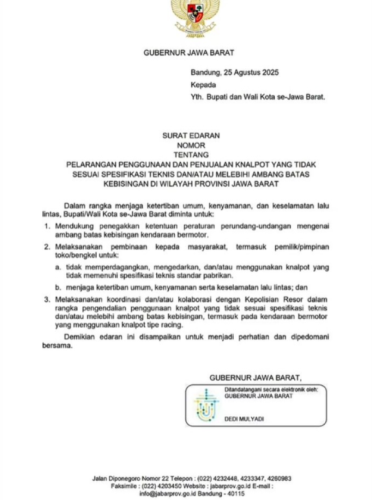 Gubernur Dedi Mulyadi Resmi Larang Knalpot Brong di Jawa Barat, Berlaku hingga RT dan RW