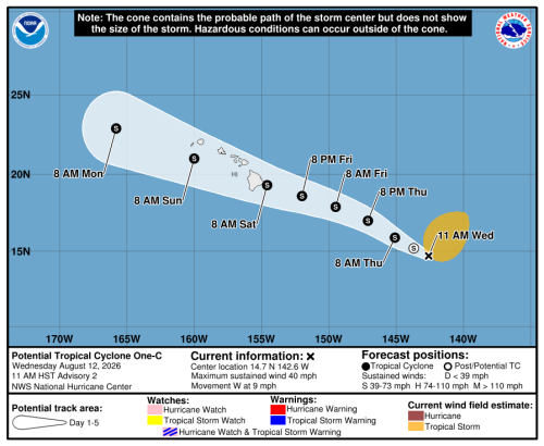 PTC One-C Heads Toward Hawaii; Life-Threatening Floods Possible