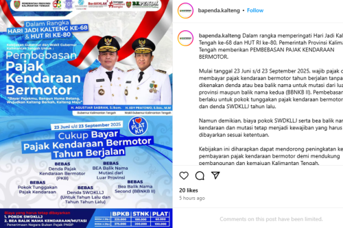 Kalteng Berlakukan Pemutihan Pajak Kendaraan Mulai 23 Juni 2025