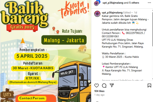 Pemprov Jatim Gelar Program Balik Gratis dari Malang ke Jakarta