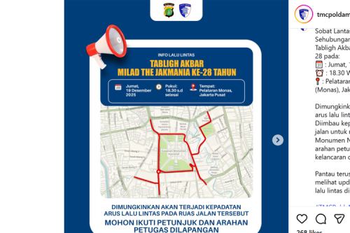 Ada Tabligh Akbar Milad The Jakmania ke-28: Polisi Imbau Hindari Kawasan Monas Malam Ini