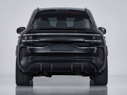 Zeekr, PHEV, Sporty Zeekr 8X PHEV version exposed with electric rear spoiler and full-black exterior