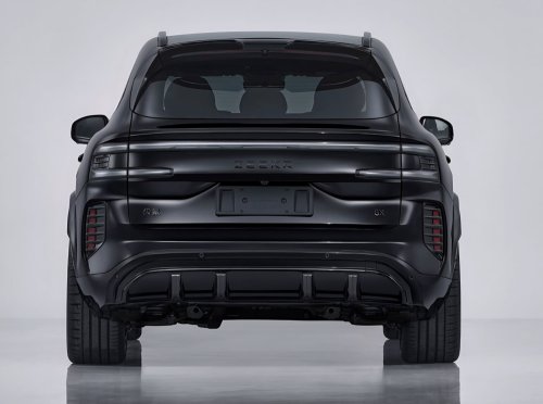 Zeekr, PHEV, Sporty Zeekr 8X PHEV version exposed with electric rear spoiler and full-black exterior