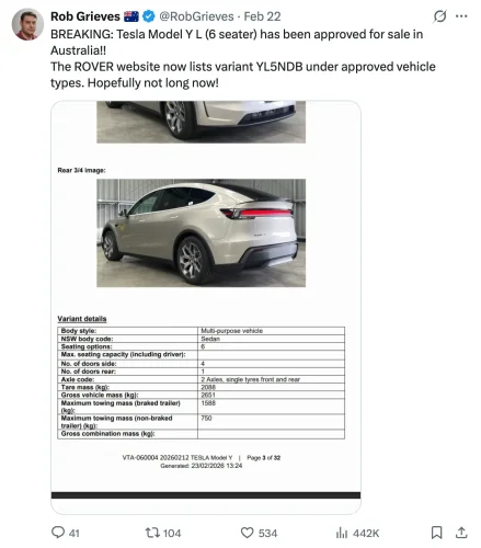 Tesla, Tesla Model Y, Tesla Model Y L cleared for sale in Australia, global rollout takes shape