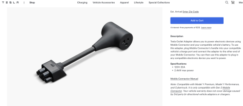 Tesla, Tesla adds 2.4 kW vehicle-to-load to Model Y Premium with $80 adapter