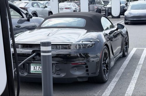 Electric Porsche Boxster spotted plugged in at Tesla Supercharger in California