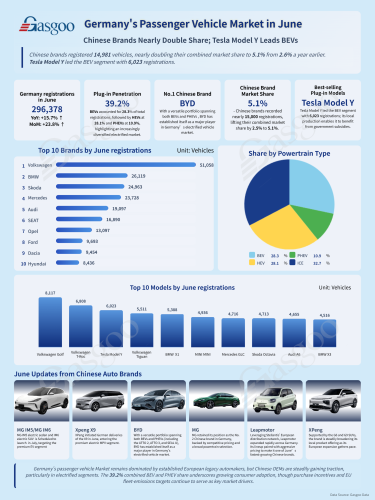 Germany's Passenger Vehicle Market in June: Chinese Brands Nearly Double Share; Tesla Model Y Leads BEVs