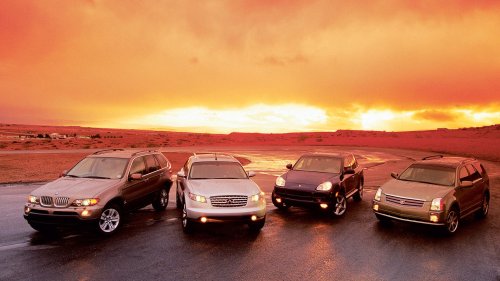 Porsche, Porsche Cayenne, BMW, BMW X5, Infiniti, Cadillac, 2003 Porsche Cayenne S vs. 2004 BMW X5, Infiniti FX45, and Cadillac SRX Comparison Test