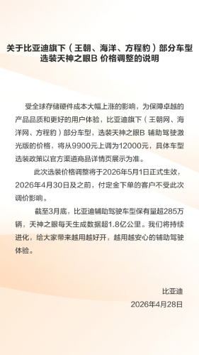 BYD Raises God’s Eye-B Option 21.2% on Memory Price Surge