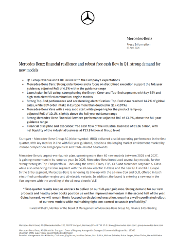 Mercedes-Benz Q1 Revenue Hits €31.60B, China Accounts for 26.6% of Sales