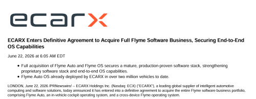 ECARX Takes Control of Flyme Software Unit for $266 Million