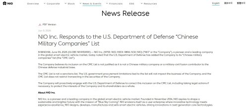 NIO, NIO Refutes Military Links After U.S. Adds Firm to CMC List