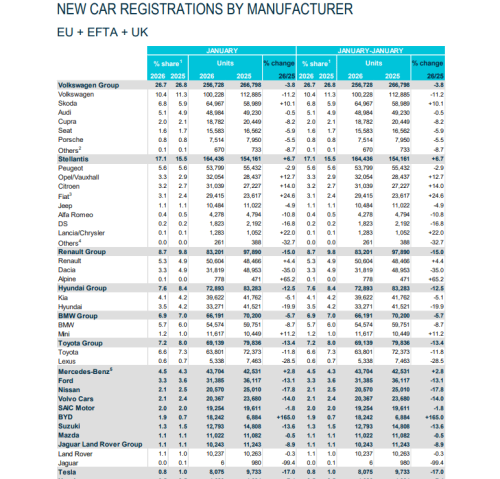 Europe Car Registrations Fall 3.5% in Jan, BYD Surges 165%, Tesla Drops 17%