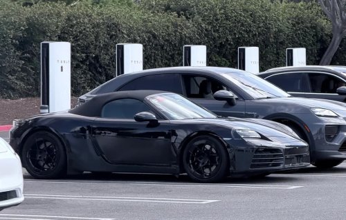 Porsche, Tesla, Electric Porsche Boxster spotted plugged in at Tesla Supercharger in California