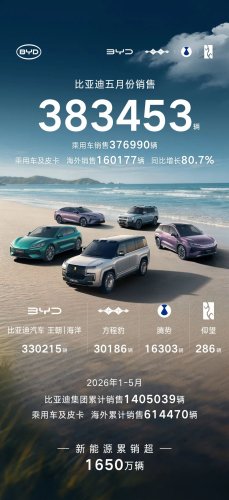 BYD Sells Over 380,000 Vehicles in May, Cumulative NEV Sales Exceed 16.5 Million