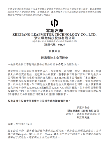 Leapmotor Founder Zhu Jiangming Continues to Increase Company Shareholdings