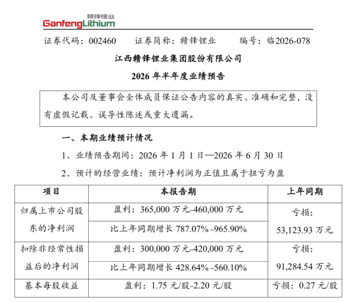 Ganfeng Lithium Expects Return to Profitability in H1; Net Income May Reach 4.6 Billion Yuan