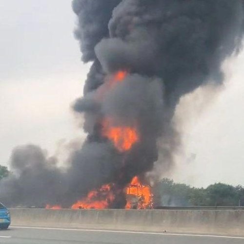 Lorry bursts into flames on M25