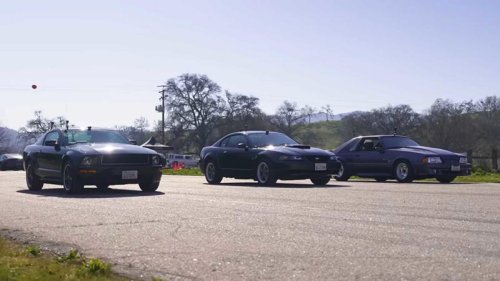 Seven generations of Ford Mustang compete in a quarter mile drag race