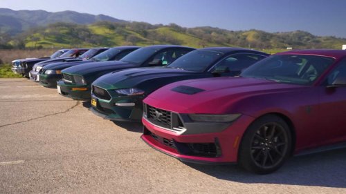 Seven generations of Ford Mustang compete in a quarter mile drag race