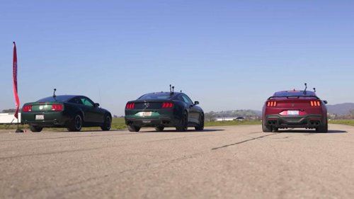 Seven generations of Ford Mustang compete in a quarter mile drag race