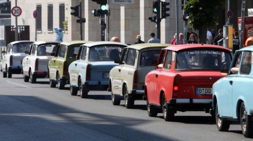 This statue of a Trabant with legs will absolutely haunt your dreams