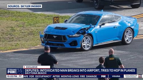 Florida man crashes Ford Mustang through airport fence, nearly hits a taxiing plane, then tries entering it