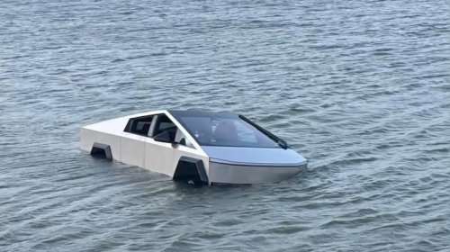 Cybertruck, Cybertruck driver's 'Wade Mode' test gets him stuck in a lake – and in jail