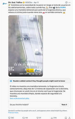 La polémica por un tuit de la DGT en X que acusa a un conductor de hacer una maniobra temeraria