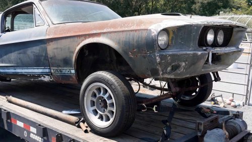 Rusty 1967 Mustang fastback gets fake Shelby makeover