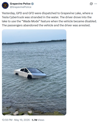 Tesla, Tesla driver tests ‘Wade Mode’ in Texas lake—consequences are swift