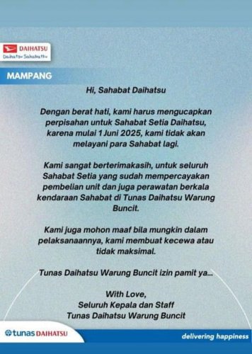 Daihatsu, Dealer Tunas Daihatsu Warung Buncit Pamit, Sampaikan Hal Ini