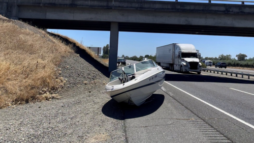 Boat Takes Unscheduled Detour Off Trailer on California Freeway