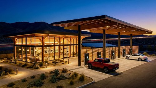In Missouri, a new EV charging concept pairs covered stalls, indoor lounges, and lodging