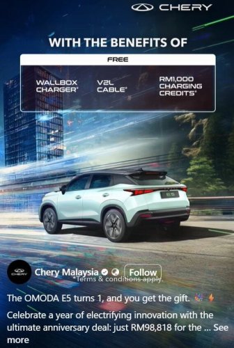 Chery, Omoda, 2024 Chery Omoda E5 now RM98,818 – huge RM48k rebate, free wallbox, V2L cable, RM1k charging credits