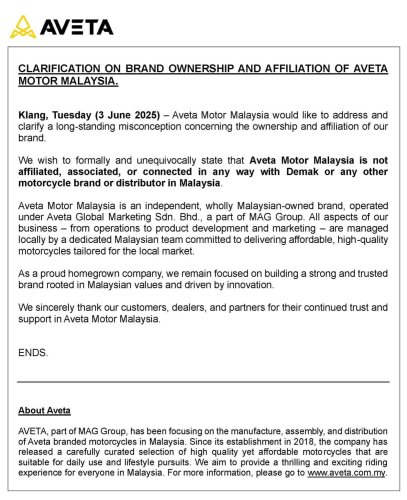 Aveta, Aveta Motor Malaysia denies involvement with Demak