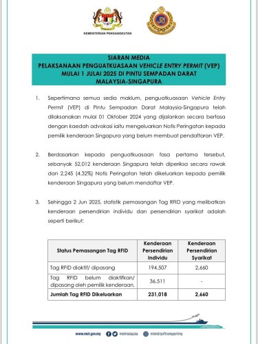 VEP fully enforced for Singapore vehicles from July 1