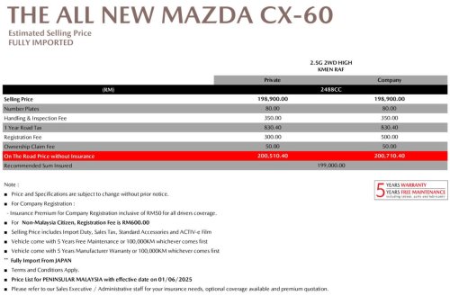 Mazda, Mazda CX-60, RWD, Mazda CX-60 Malaysian spec sheet leaked – 2.5L NA, 8AT, RWD; Bose speakers, MRCC, AEB, 20-inch alloys