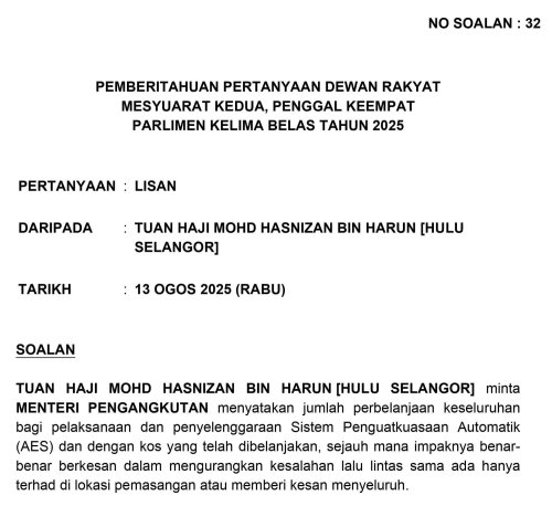 Automated Awareness Safety System (AWAS) incurs annual maintenance cost of almost RM15.5 million