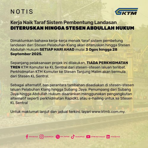 KTM track work from Klang to Abdullah Hukum – no Komuter trains to KL Sentral every Sun till Sept 28