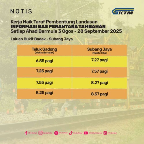 KTM, KTM track work from Klang to Abdullah Hukum – no Komuter trains to KL Sentral every Sun till Sept 28
