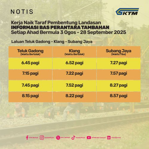 KTM track work from Klang to Abdullah Hukum – no Komuter trains to KL Sentral every Sun till Sept 28