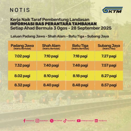 KTM, KTM track work from Klang to Abdullah Hukum – no Komuter trains to KL Sentral every Sun till Sept 28